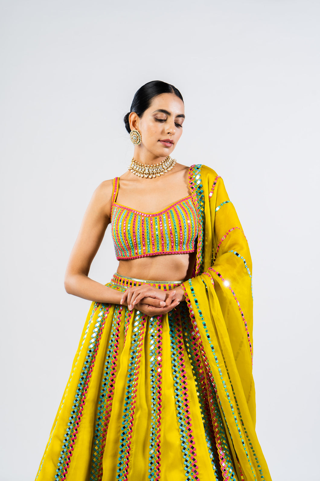 MOSS GREEN MIRROR SEAM LEHENGA SET