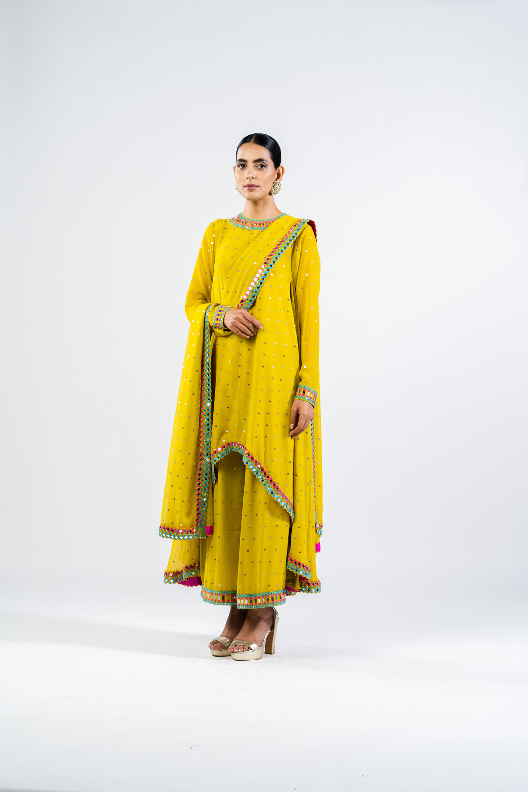 MOSS GREEN ASYMMETRICAL KURTA SET WITH DUPATTA