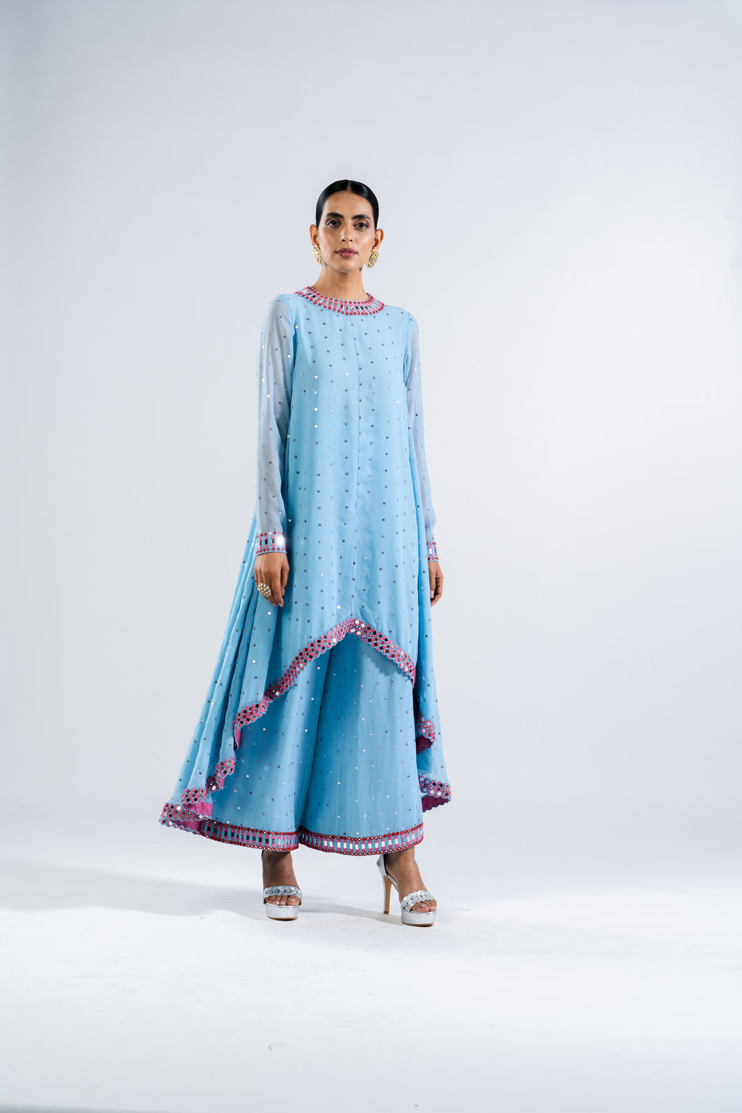 ICE BLUE ASYMMETRICAL KURTA SET.