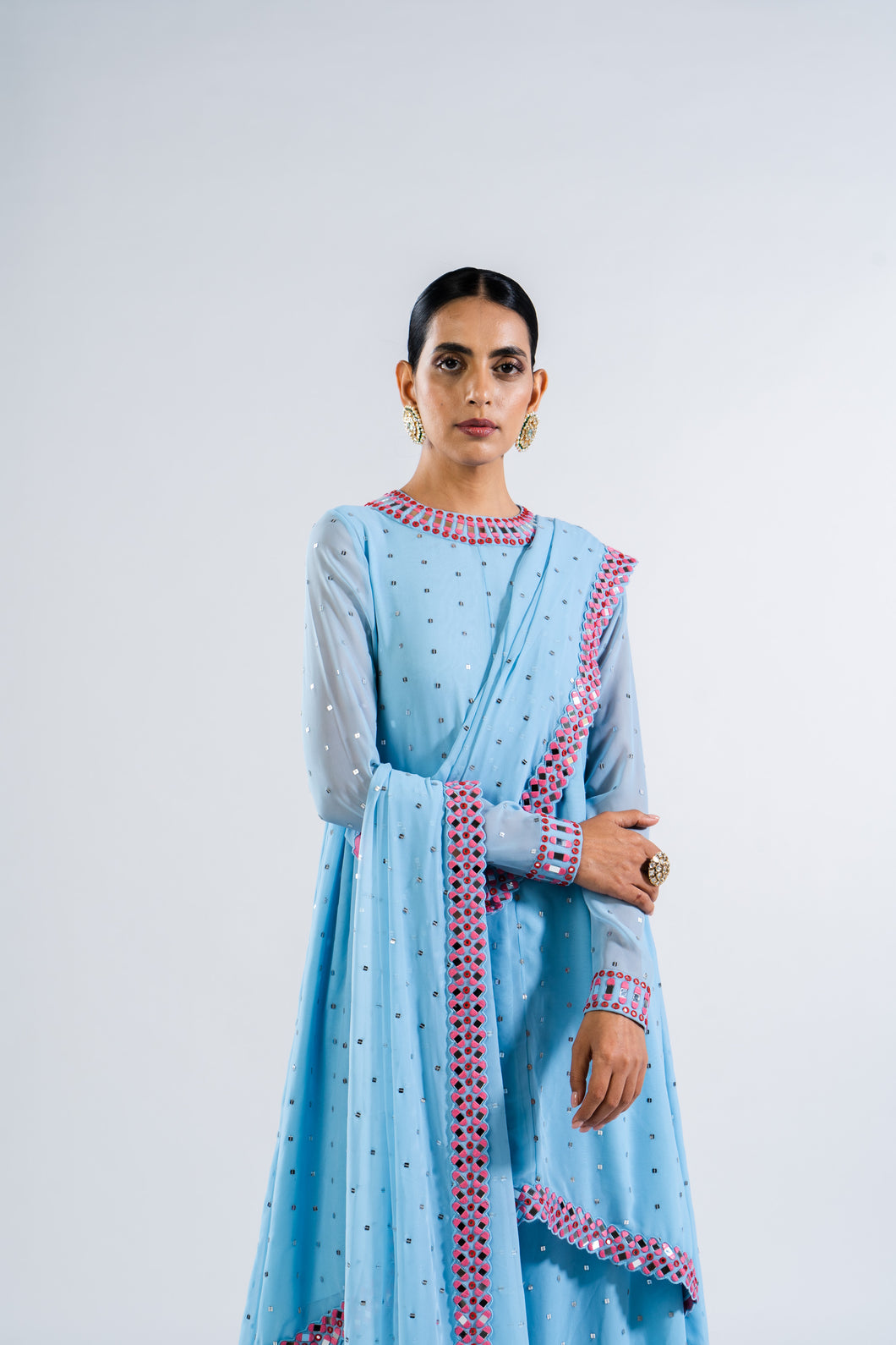 ICE BLUE ASYMMETRICAL KURTA SET WITH DUPATTA