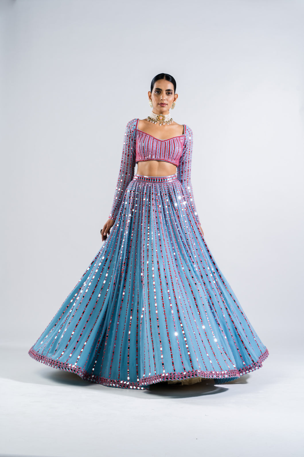 ICE BLUE LINEAR DROP LEHENGA SET