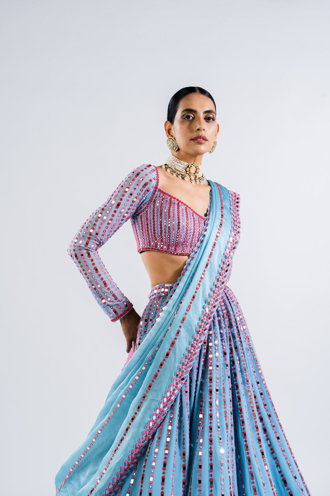 ICE BLUE LINEAR DROP LEHENGA WITH METALLIC BLOUSE