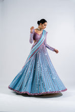 Load image into Gallery viewer, ICE BLUE LINEAR DROP LEHENGA WITH METALLIC BLOUSE

