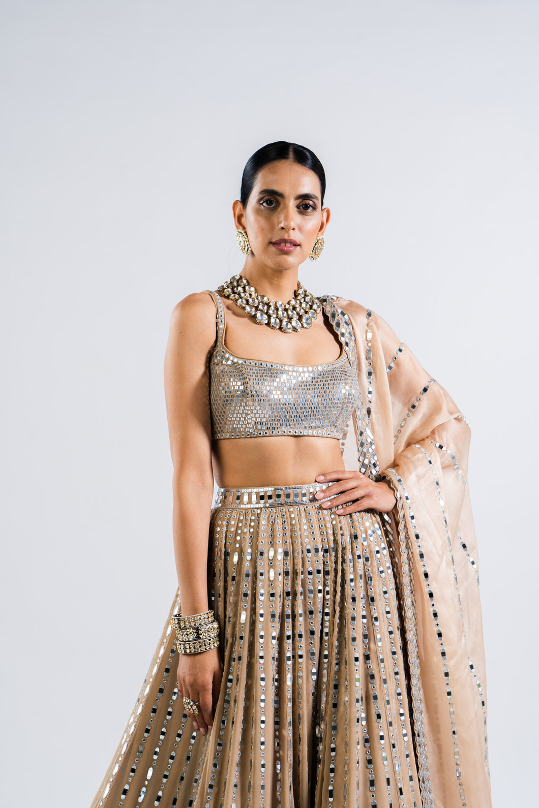 BEIGE LINEAR DROP LEHENGA WITH METALLIC BLOUSE