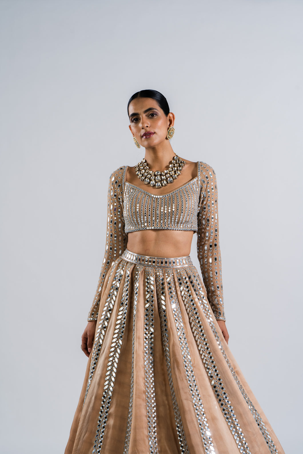 BEIGE MIRROR SEAM LEHENGA SET.