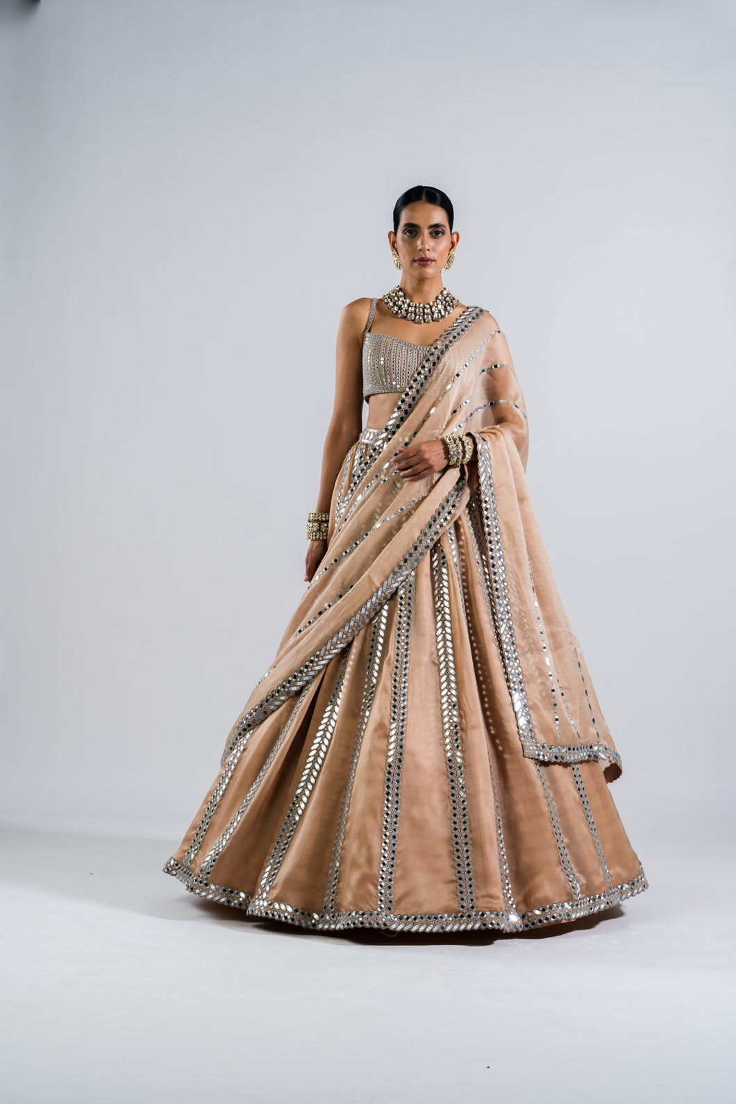 BEIGE MIRROR SEAM LEHENGA  WITH MIRROR BLOUSE