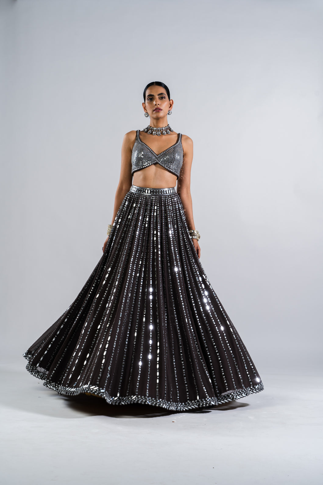 CHARCOAL GREY LINEAR DROP LEHENGA WITH METALLIC BLOUSE