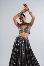 Load image into Gallery viewer, CHARCOAL GREY LINEAR DROP LEHENGA WITH METALLIC BLOUSE
