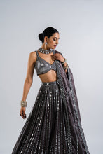 Load image into Gallery viewer, CHARCOAL GREY LINEAR DROP LEHENGA WITH METALLIC BLOUSE
