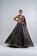 Load image into Gallery viewer, CHARCOAL GREY LINEAR DROP LEHENGA WITH METALLIC BLOUSE
