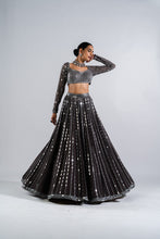 Load image into Gallery viewer, CHARCOAL GREY  LINEAR DROP LEHENGA SET.
