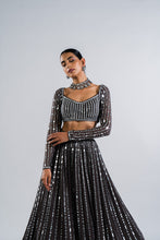 Load image into Gallery viewer, CHARCOAL GREY  LINEAR DROP LEHENGA SET.

