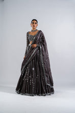 Load image into Gallery viewer, CHARCOAL GREY  LINEAR DROP LEHENGA SET.
