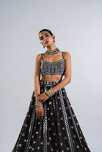 Load image into Gallery viewer, CHARCOAL GREY FLOWER LEHENGA SET.
