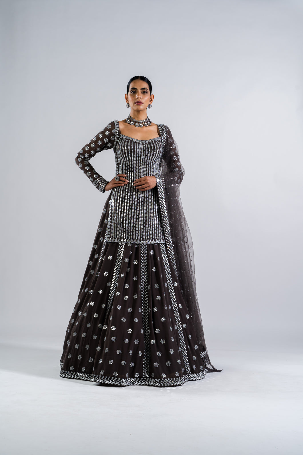 CHARCOAL GREY MIRROR WORK KURTA  LEHENGA SET.