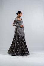 Load image into Gallery viewer, CHARCOAL GREY MIRROR WORK KURTA  LEHENGA SET.
