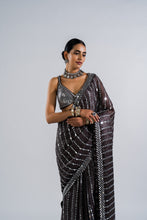Load image into Gallery viewer, CHARCOAL GREY HEAVY MIRROR WORK SAREE WITH METALLIC BLOUSE
