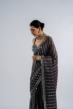 Load image into Gallery viewer, CHARCOAL GREY HEAVY MIRROR WORK SAREE WITH METALLIC BLOUSE
