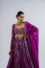 Load image into Gallery viewer, POP WINE LINEAR DROP LEHENGA SET.
