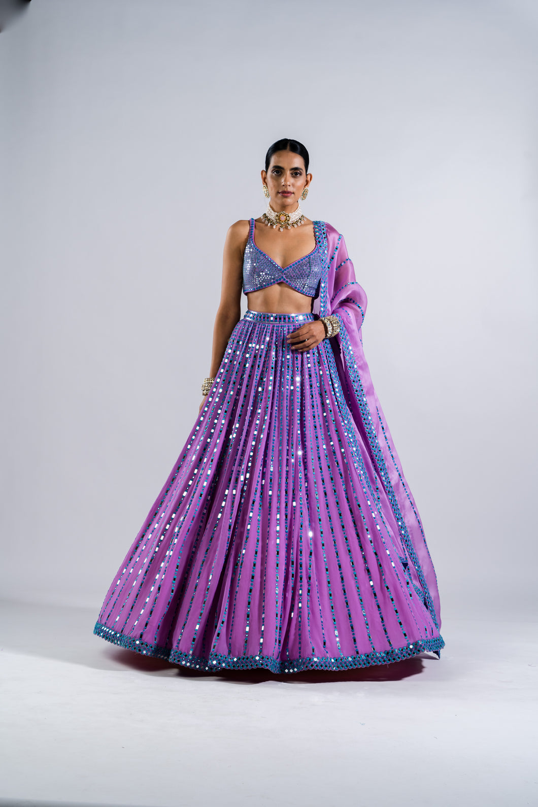 MAUVE MIRROR SEAM LEHENGA WITH  METALLIC BLOUSE