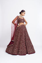 Load image into Gallery viewer, Maroon fully embroidered corset lehnga set
