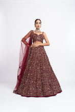 Load image into Gallery viewer, Maroon fully embroidered corset lehnga set
