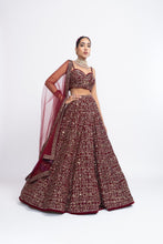 Load image into Gallery viewer, Maroon fully embroidered corset lehnga set
