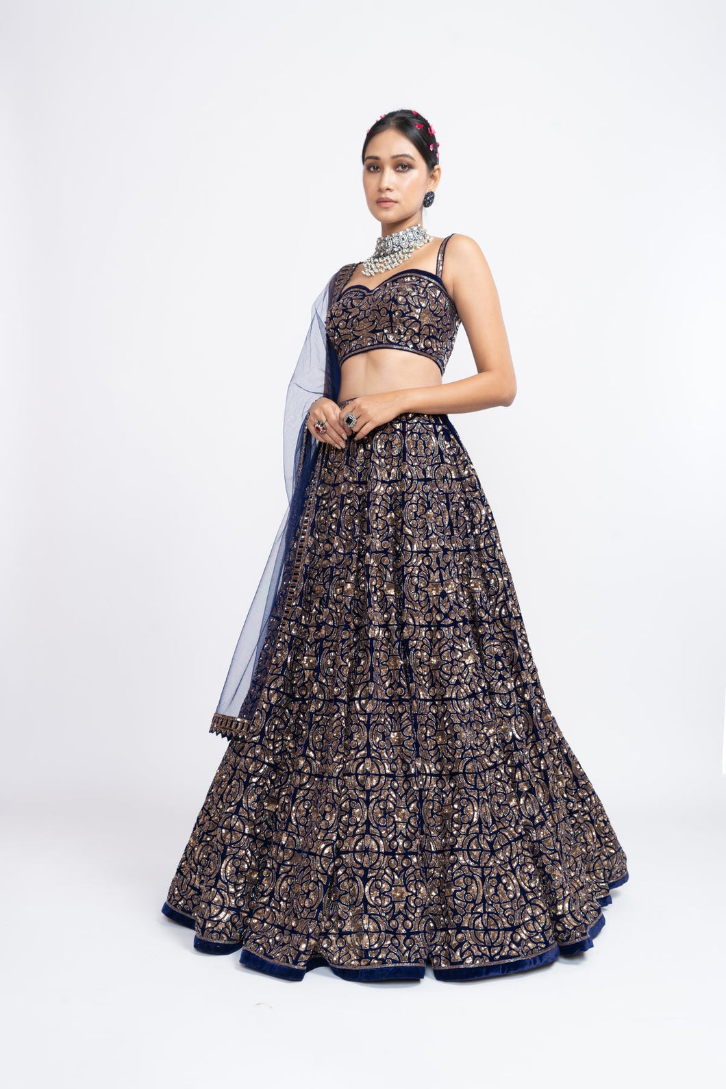 Navy blue fully embroidered corset lehenga set