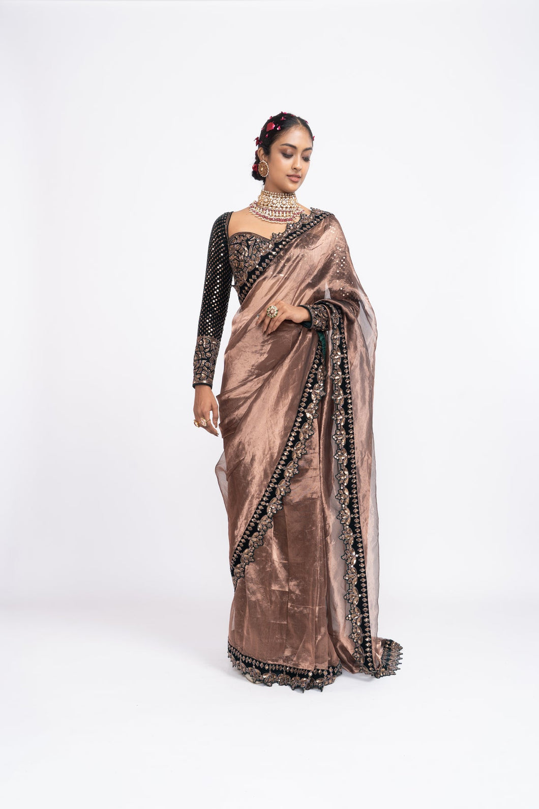 Deep green copper tissue saree set