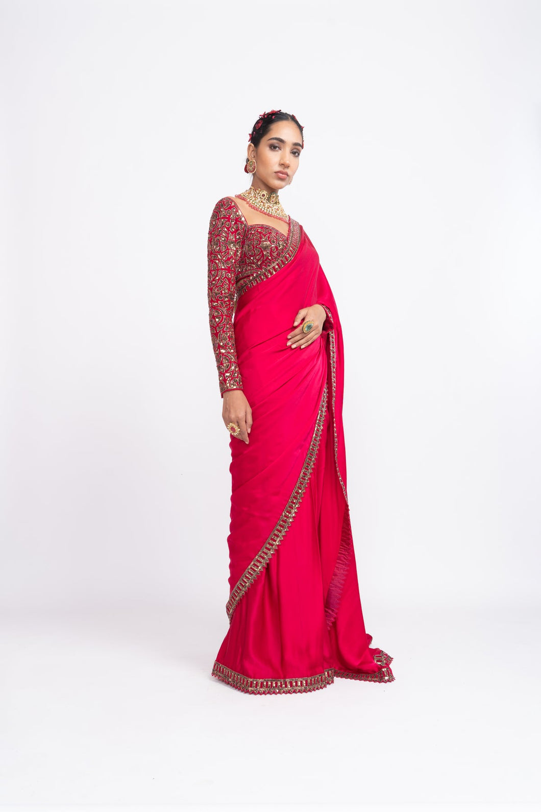Red satin saree set
