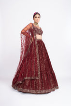 Load image into Gallery viewer, Maroon dense dot corset lehnga set
