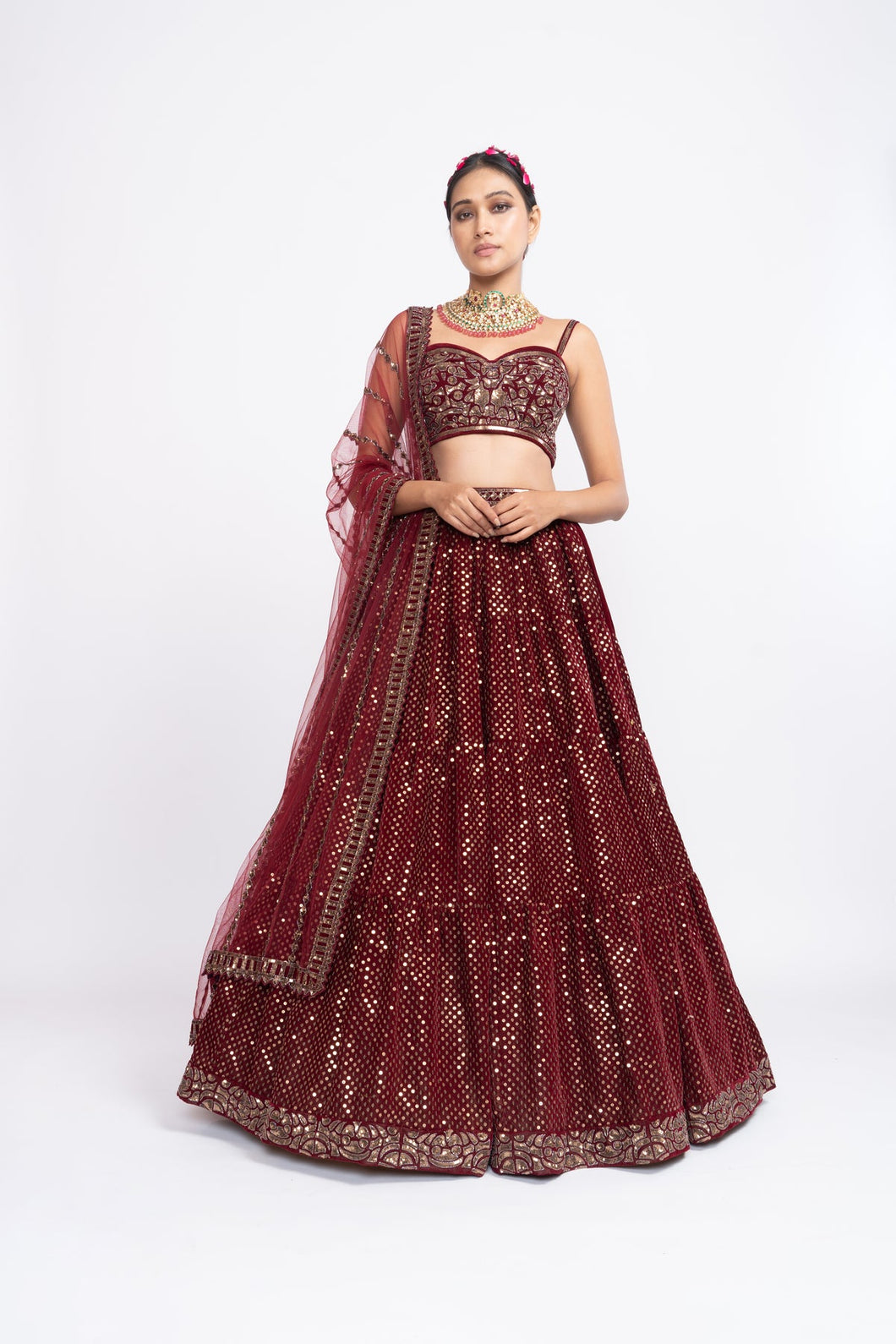 Maroon dense dot corset lehnga set