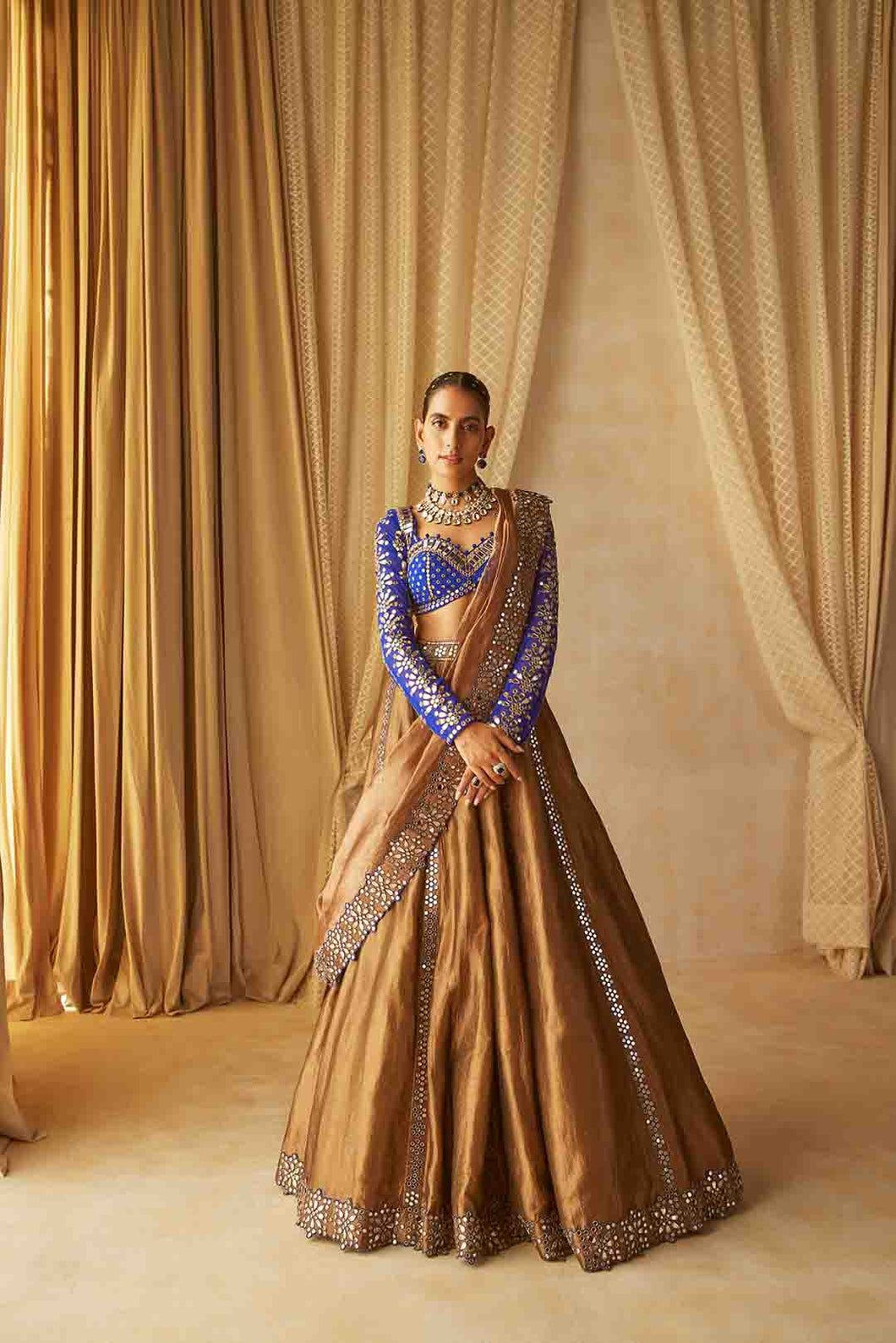 Royal Blue Mirror Work Blouse Saree Set