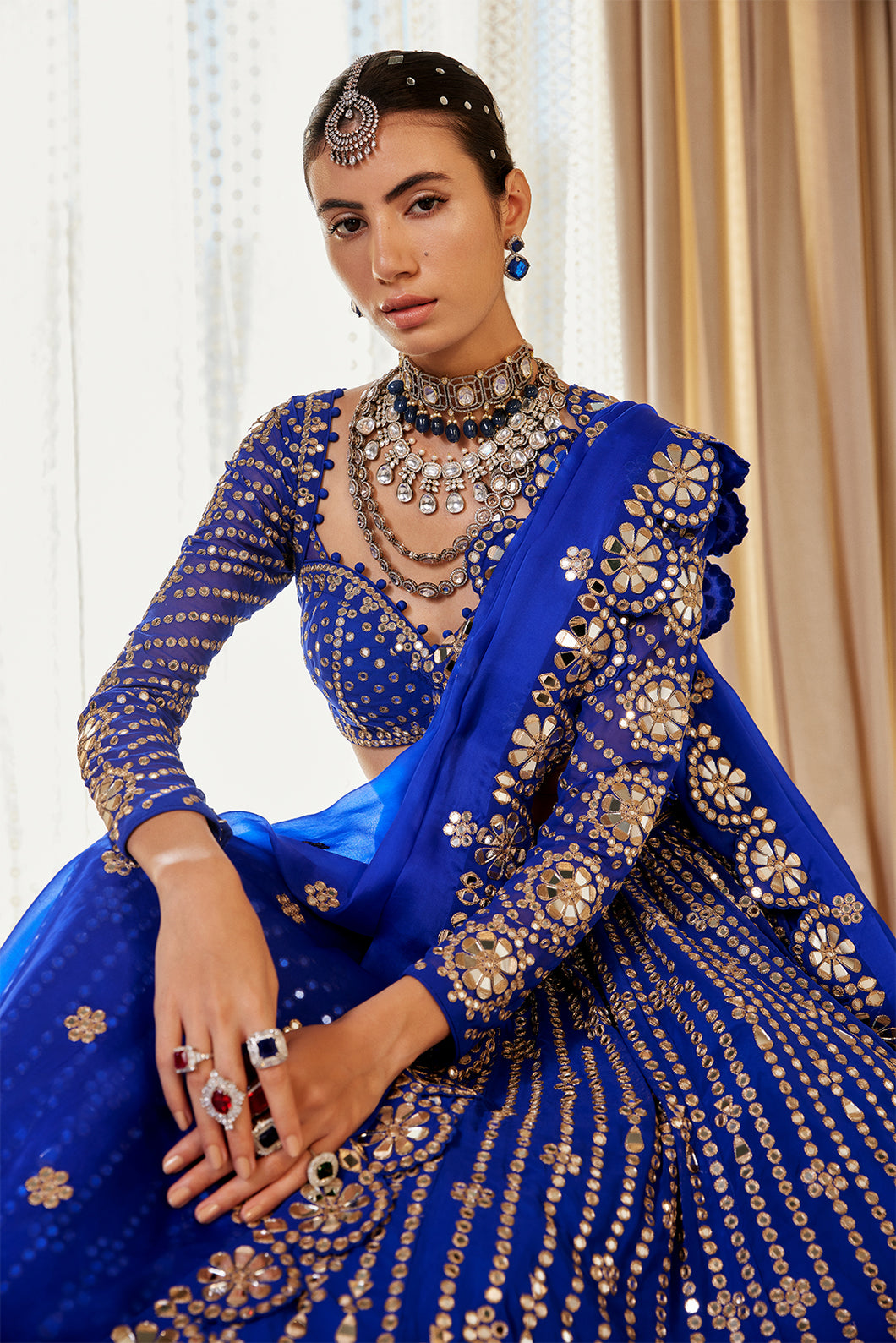Royal Blue Small Flower Linear Lehenga Set