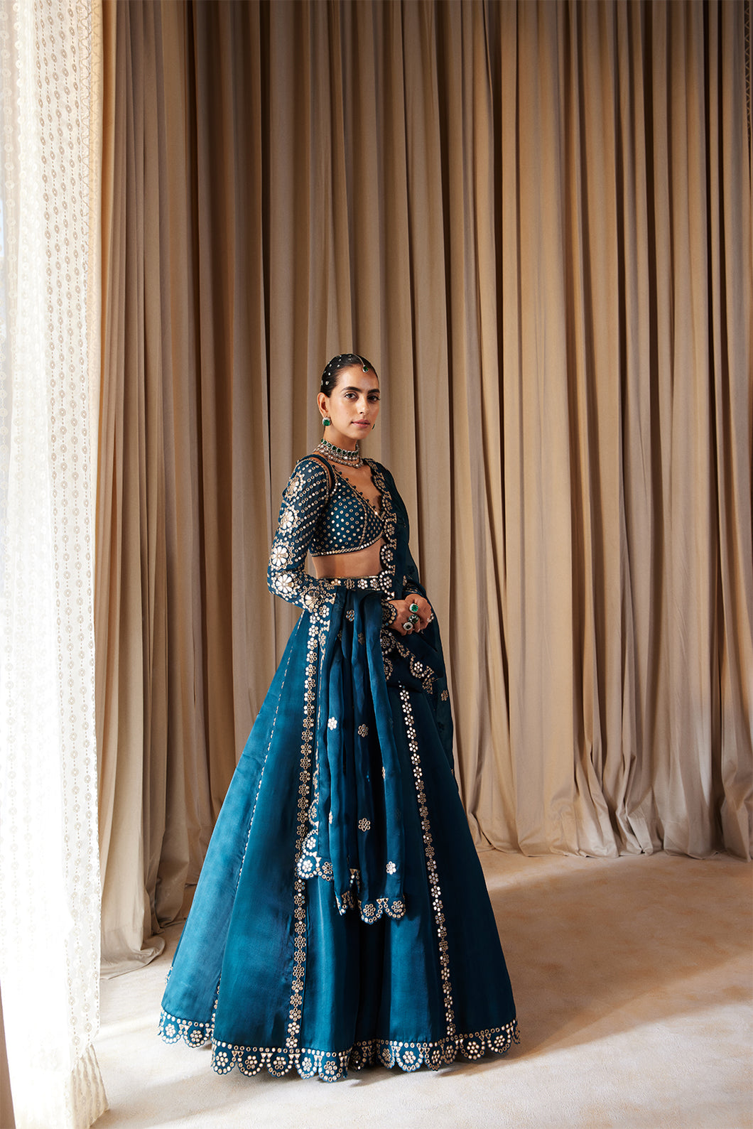 Dark Teal Flower Linear Lehenga Set