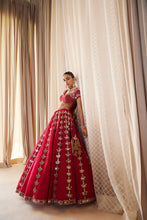 Load image into Gallery viewer, Crimson Red Small Flower Linear Lehenga Set
