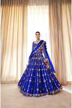Load image into Gallery viewer, Royal Blue Small Flower Linear Lehenga Set
