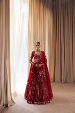 Load image into Gallery viewer, Crimson Red Small Flower Linear Lehenga Set
