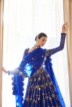 Load image into Gallery viewer, Royal Blue Small Flower Linear Lehenga Set
