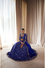 Load image into Gallery viewer, Royal Blue Small Flower Linear Lehenga Set
